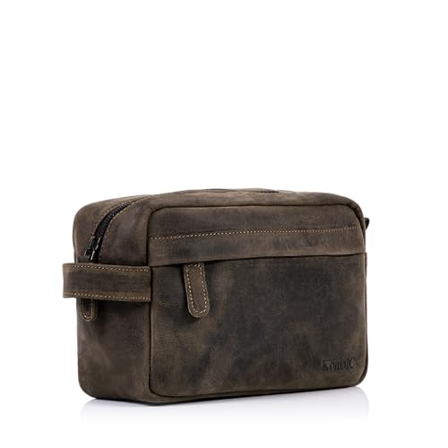 KomalC Genuine Buffalo Leather Unisex Toiletry Bag Travel Dopp Kit Vanity Bag Grooming Bag