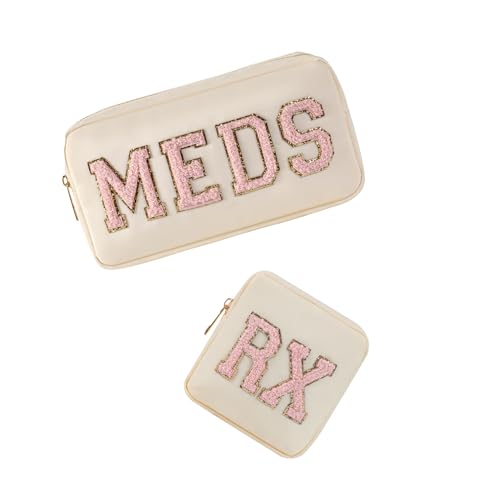 Personalized Chenille Letter Patch 2pcs MEDS and RX Bags Set Beige - Travel & Medicine Storage