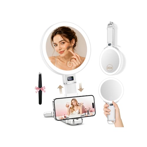 MIYADIVA White Height-Adjustable Travel Makeup Mirror with Lights, 1X/30X Magnification & Phone Holder