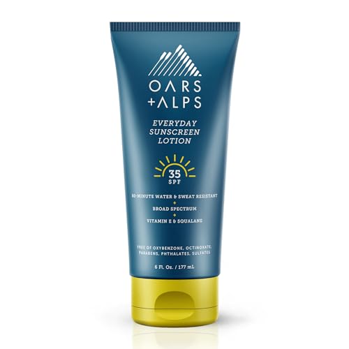 Oars + Alps Sunscreen Body Lotion for Everday Use, SPF 35 Body & Face Sunscreen Lotion, Infused with Aloe Leaf & Vitamin E, No White Residue, Water & Sweat Resistant, All Skin Types, Lightweight, 6oz