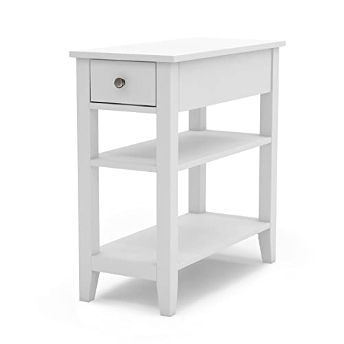 White ChooChoo Side Table with Drawer and Shelf for Living Room - Narrow Design