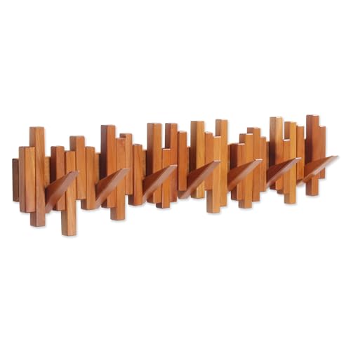 Acsigesn Cherry Wall Mount Coat Rack with 7 Flip-Down Hooks, Handmade Walnut Wood
