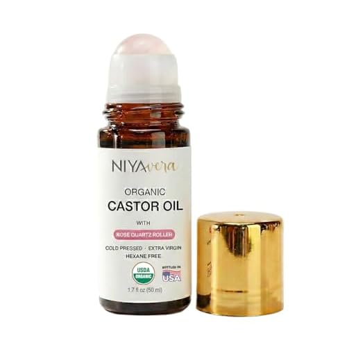 Organic Castor Oil Roll on with Rose Quartz For Face and Body - Cold Pressed Hexane Free Glass Bottle Unrefined 1.7 oz