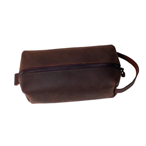 KAAL Crazy Horse Genuine Leather Toiletry Bag, Unisex Travel Toiletry Organizer Dopp Kit Shaving Bag for Accessories (Golden Brown, Large)