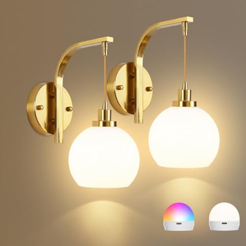 Gold Rechargeable Battery Operated Wall Sconce Set of 2 with RGB & Dimmable Warm White Light - Remote Control
