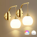 Gold Rechargeable Battery Operated Wall Sconce Set of 2 with RGB & Dimmable Warm White Light - Remote Control