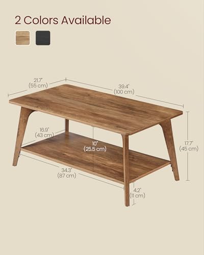 VASAGLE Honey Brown 2-Tier Coffee Table with Storage & Tapered Legs