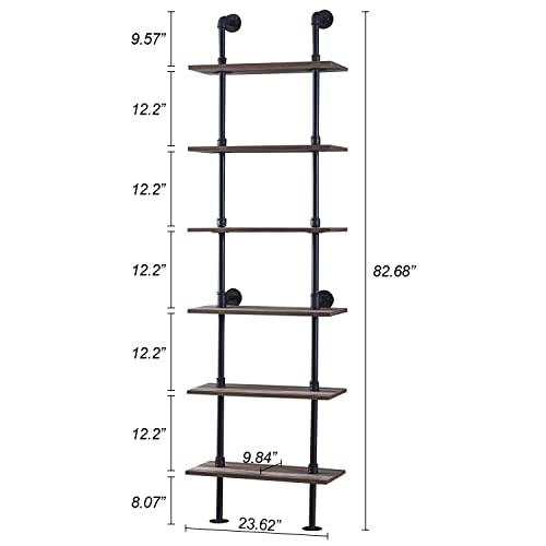 Hombazzar Industrial Pipe Bookshelf - Brown 6-Tier Modern Shelving
