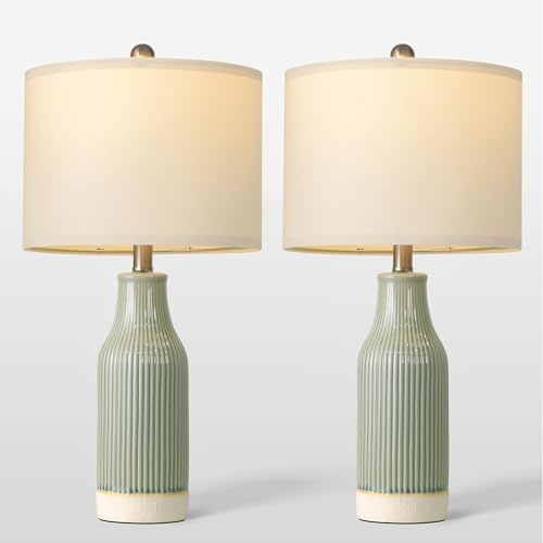 Set of 2 Green Ceramic Bedside Lamps - 23.75" Modern Farmhouse Table Lights