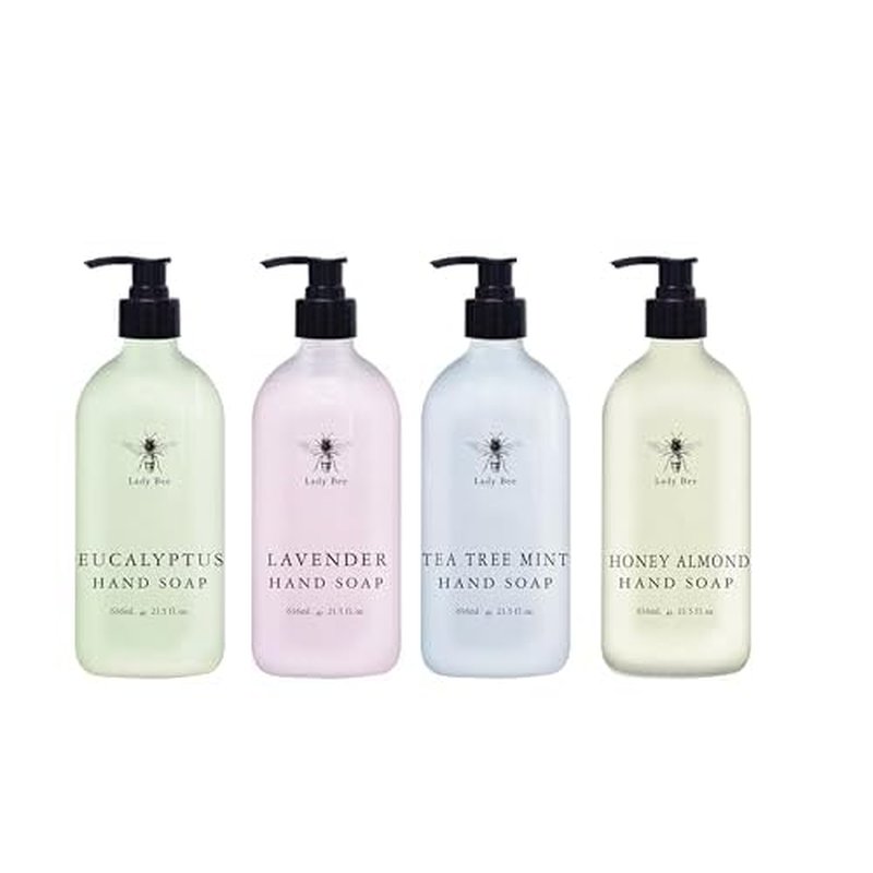Home & Body Company Lady Bee Hand Soap Set, 4 Pack with Eucalyptus, Lavender, Tea Tree Mint, Honey Almond Scents, 21.5 fl oz Each with Pump Dispenser