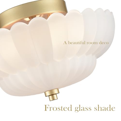 HYDELITE Gold-Milk Glass Flush Mount Ceiling Light with Scalloped Frosted Shade