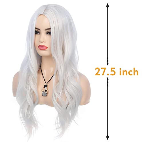 White Long Curly Wavy Costume Wig for Women Girls - Heat Resistant Synthetic, Middle Part, Halloween Cosplay