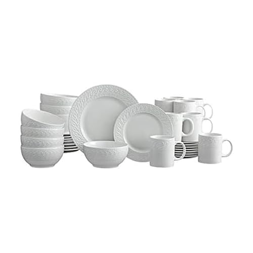 White Porcelain Dinnerware Set for 8 - 32 Pieces with Embossed Scrollwork