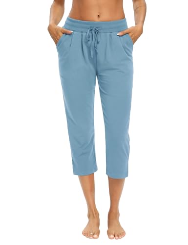 Medium Light Blue Wide Leg Capris for Women - Casual Summer Jogger Pants with Pockets