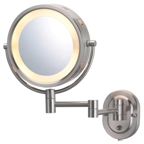 JERDON Lighted Wall-Mount Makeup Mirror - 5X Magnification - Nickel Finish