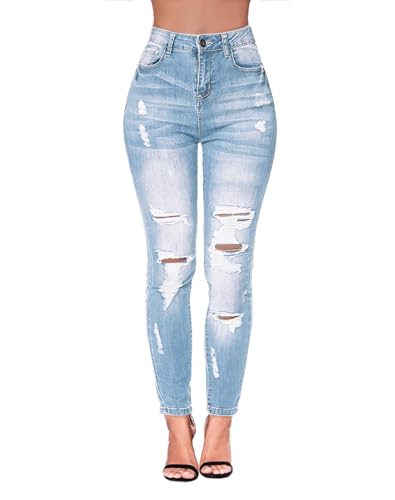 Women's High Waisted Ripped Skinny Jeans Blue 6 / Distressed Butt-Lifting Denim