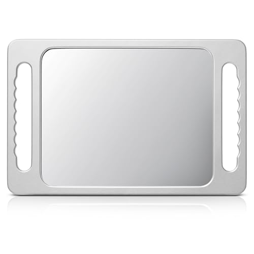 Unbreakable Handheld Barber Mirror with Double Handles - Silver Gray, 15.8 x 10.2 inches