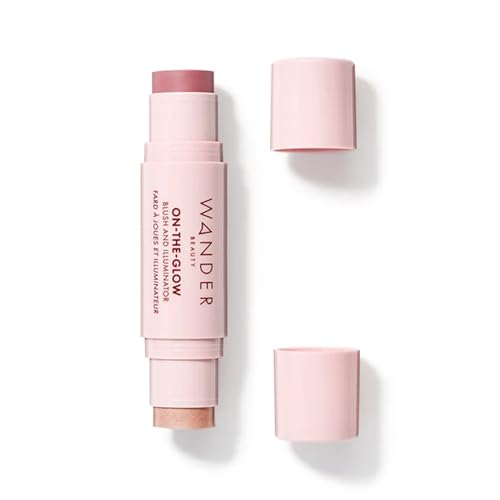 Wander Beauty On-the-Glow Blush and Illuminator - Dusk/Nude Glow - 7-in-1 Hydrating Cream Blush & Highlighting Stick - Stick Blush for Cheeks, Lip, Face & Body - Highlighter Makeup & Blush - 0.4 oz