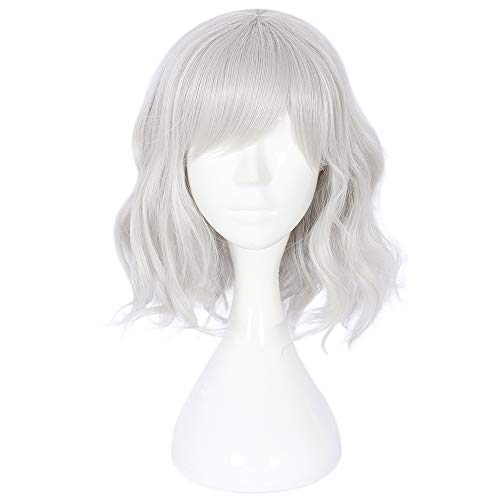 14-inch Silver White Curly Wavy Short Bob Wig with Bangs for Women - Cosplay & Daily Use