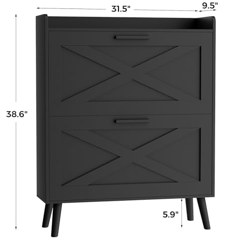 Homleke Farmhouse Shoe Storage Cabinet with Flip Drawers & Barn Door Design - Black