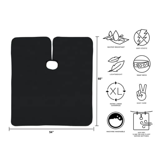 Cricket Static Free Haircutting Cape for Professional Stylist Salon Barbershop Hairdresser Anti-Static Cape for Haircuts, Adjustable Snap Neck Closure, Black
