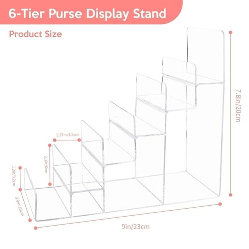 2PCS Acrylic Purse Display Stand,6-Tier Wallet Display Stand Purse Handbag Organizer Shelf,Clear Perfume Stand Jewelry Riser Rack,Acrylic Shelf for Cosmetic Perfume Jewelry Sunglasses Handbag