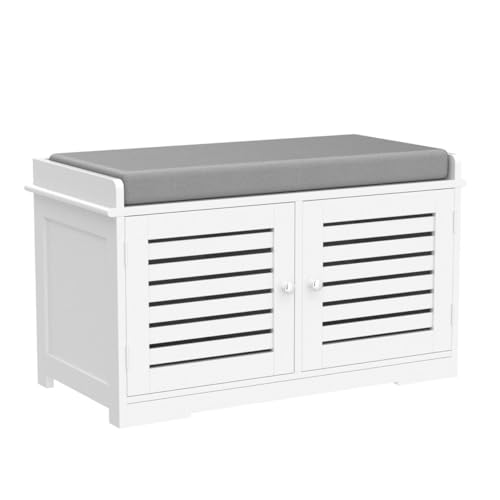 White Shoe Storage Bench with Padded Seat & 2 Doors - Modern Entryway Furniture