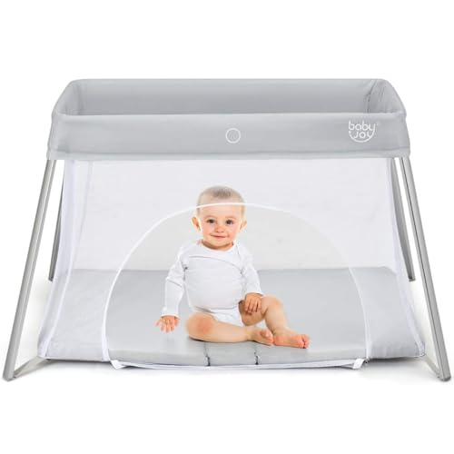 Silver Baby Joy 2-in-1 Travel Crib with Zipper, Portable Toddler Playpen