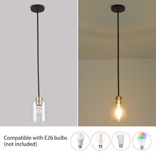 KLSS Black Brass Pendant Lights for Kitchen Island - 2 Pack, Clear Glass, 12 & 4 Inch Stems
