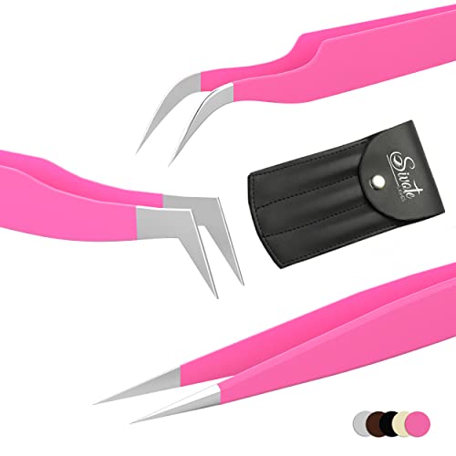 SIVOTE Volume Lash Tweezers for Eyelash Extensions ? Professional Stainless Steel Straight & Curved Tips ? Precision Lash Extension Tweezers Set for Volume & Classic Lashes (Pack of 3, Pink)