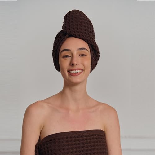 Kosmu Luxury Organic Japanese Cotton Hair Drying Waffle Towel Wrap with Button (Dark Cocoa) - Extra Large Turban for Long Curly Hair