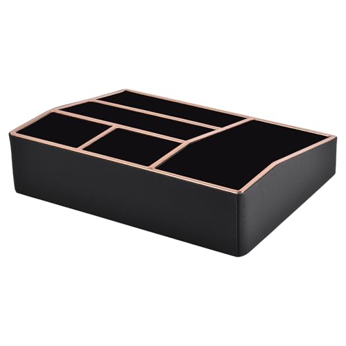 Large Black PU Leather Makeup Organizer Tray with 5 Compartments - Vanity Storage