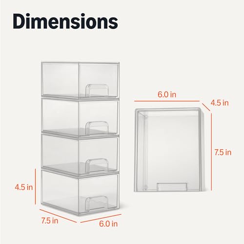 7.5 x 6 x 4.5 Inch Stackable Plastic Makeup Organizer Drawer Set - Clear, 4-Pack