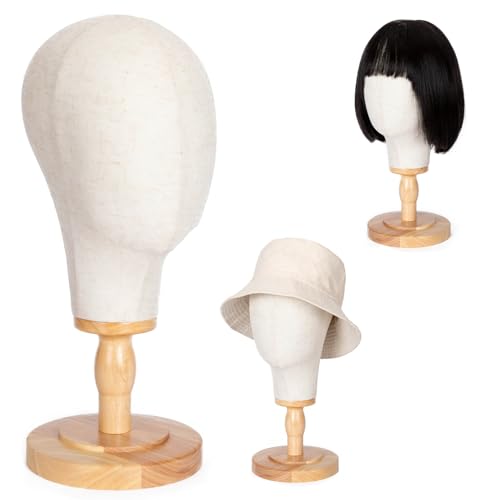 White Wooden Mannequin Head Stand with Detachable Base and Canvas Wig Display Model W1