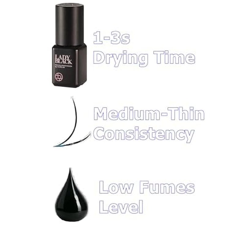2 Bottles Sky Lady Black Glue Eyelash Extensions 5ml / Professional Max Bonding Strength Lash Glue / 1-3 Sec Fast Drying / 5-6 Weeks Retention