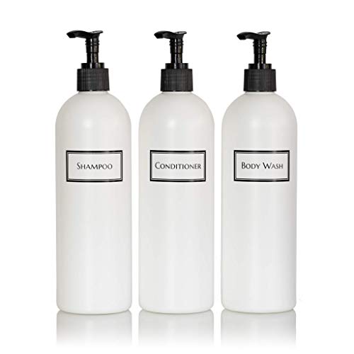 Silkscreened 16 oz Shower Bottle Set with Black Pumps – Refillable & Reusable for Shampoo & Body Wash