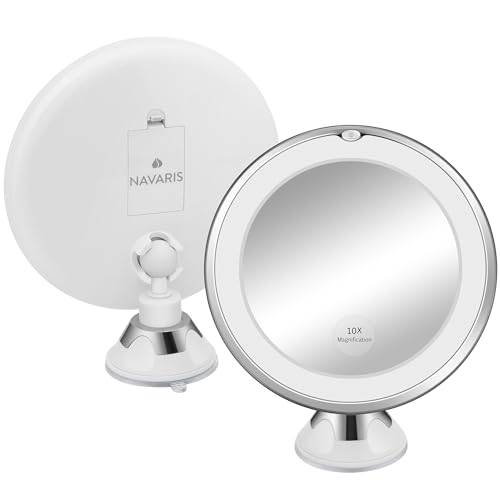 Navaris LED Magnifying Mirror with Lights - Powerful 10x Magnification for Makeup - Illuminated and Magnified Make Up Mirror with Light and Secure Suction Cup for Easy Attachment