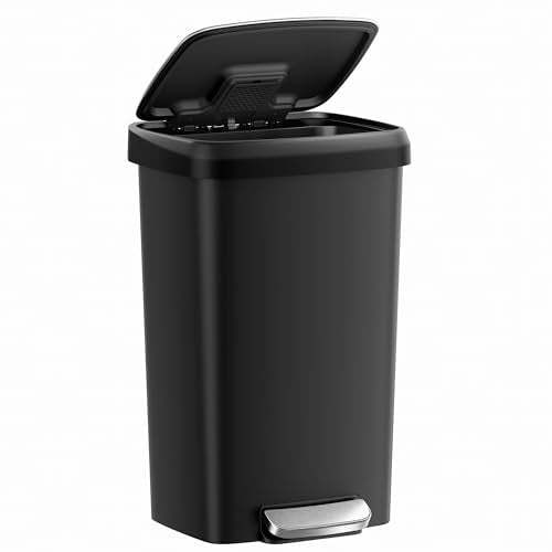 SONGMICS 12-Gallon Plastic Kitchen Trash Can with Soft Close Lid - Ink Black