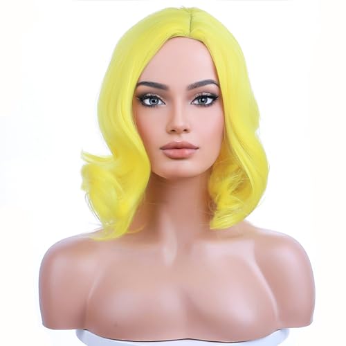 Yellow Short Curly Wavy Wig for Women Girls - Heat Resistant Synthetic Costume Cosplay