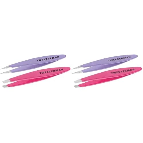 Tweezerman Mini Slant and Point Tip Tweezer - Tweezers Set for Eyebrows, Travel Tweezers for Eyebrows, Facial Hair, (Pack of 2)