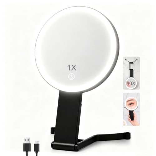Black 40X/1X Double-Sided LED Travel Makeup Mirror with Light - Jadazror
