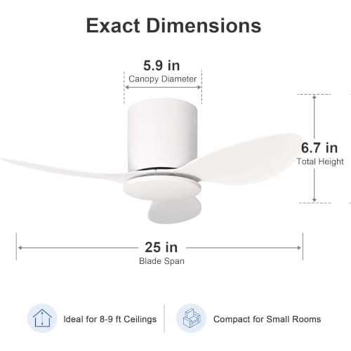 25 Inch Small Ceiling Fan Without Light, Low Profile, White - Quiet & Energy-Efficient
