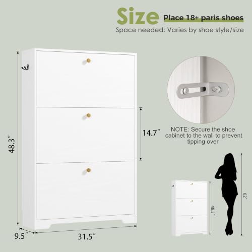 Nicetree White 3-Drawer Narrow Shoe Cabinet | Freestanding Modern Shoe Storage for Entryway