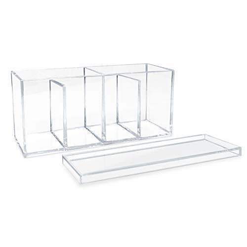 Isaac Jacobs 2-Pack 4-Compartment Clear Acrylic Organizers with Lid (9¡± L x 3¡± W x 4¡± H), Makeup Brush Holder, Sectional Tray, Storage Solution for Makeup, Crafts, Office Supplies & More (2, Clear)