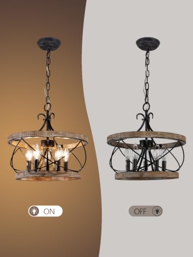 Dawn Whisper Gray Farmhouse Chandelier 15.7" Rustic Wood Drum Light Fixture for Dining Room