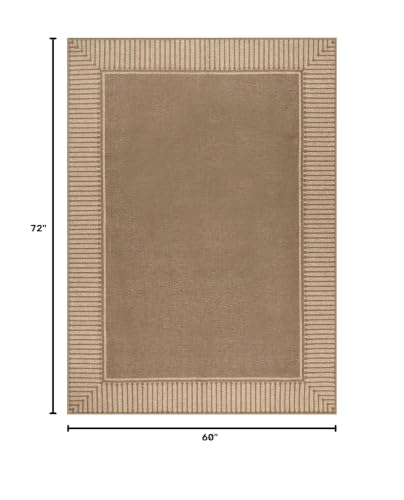 Moynesa 5x7 Indoor Outdoor Jute-Inspired Rug with Brown Striped Border, Low Pile Area Rug