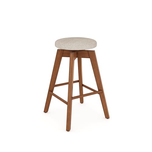 Counter Height Backless Kitchen Bar Stool - Solid Wood, 360 Swivel, Medium Brown / Beige