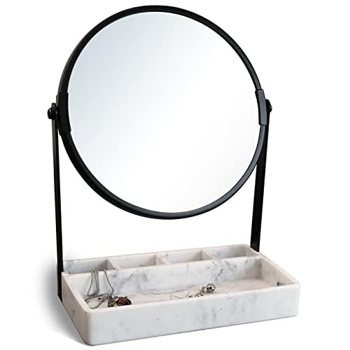 Vanity Mirror With Marble Tray, Two-Sided 6 Inches 1X/3X Magnification Makeup Mirror With Stand, Table Mirror