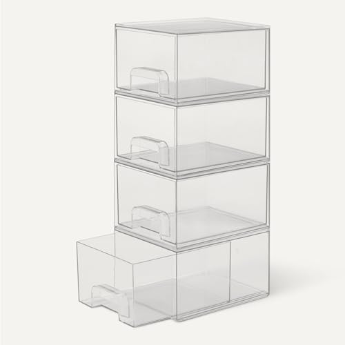 7.5 x 6 x 4.5 Inch Stackable Plastic Makeup Organizer Drawer Set - Clear, 4-Pack
