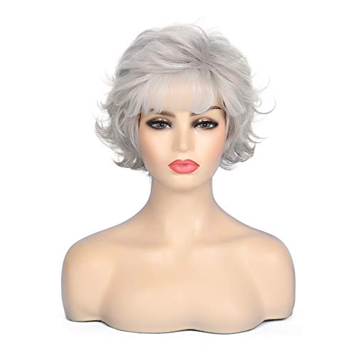 Grey Curly Costume Wig with Bangs for Women - Natural Look, Fluffy Synthetic Hair
